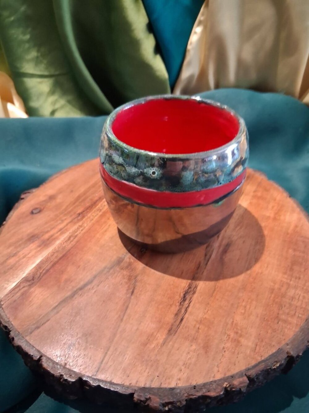 Vintage Studio Art Pottery Vessel Red Interior Metallic Copper Reactive Glaze